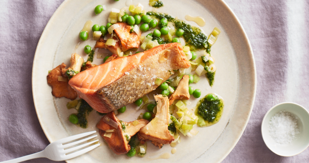 Pan-Seared Salmon With Peas, Chanterelles, and Dill-Chive Sauce