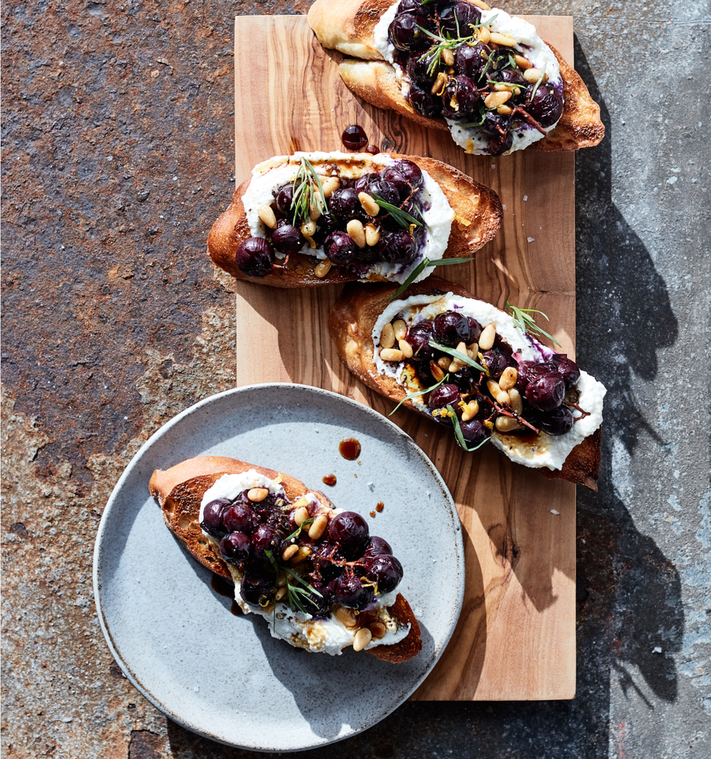 Meyer Lemon Ricotta Toasts with Blistered Grapes